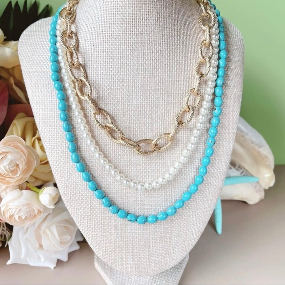 Park Lane Caribbean Gold and Turquoise three strand Necklace